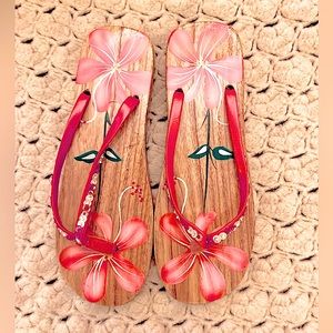 Wooden Flip Flops handpainted.  Size 7